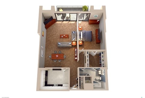 Floor plan for 1 bed, 1 bath, 886 sqft